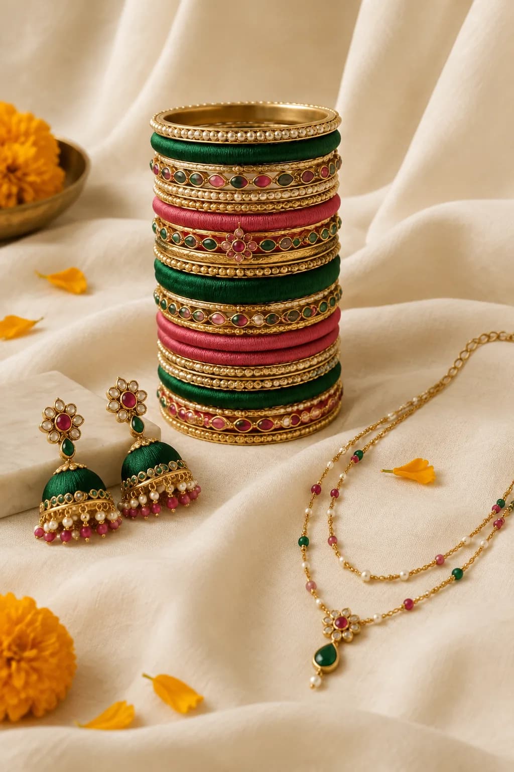 A green and pink traditional jewellery set with matching accents