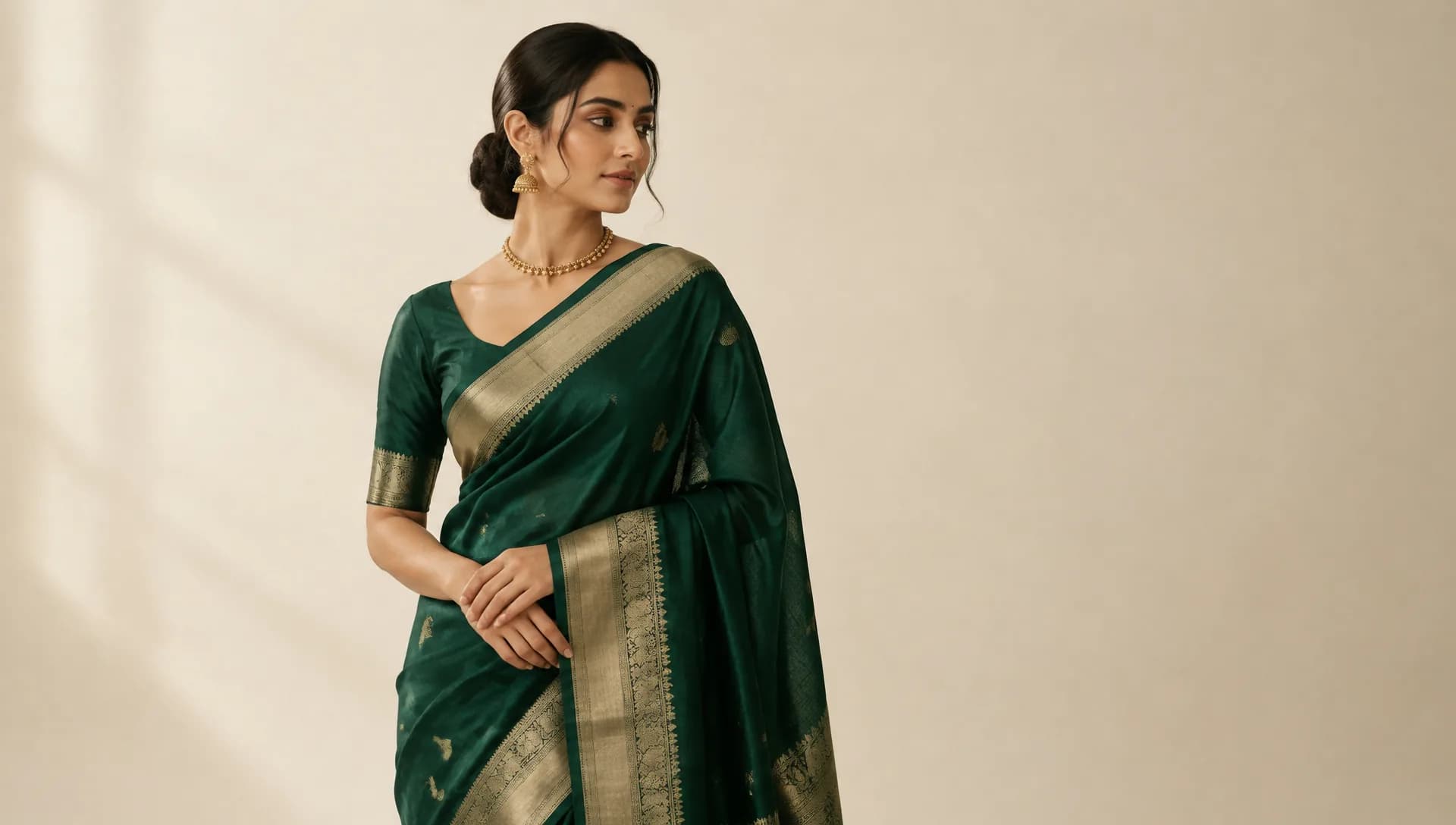 A complete green Paithani look styled with traditional jewellery
